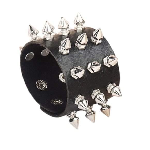 80s Punk Rock Spiked Cuff Studs Wristband Bracelet Black PU Leather Goth Grunge - Picture 5 of 6